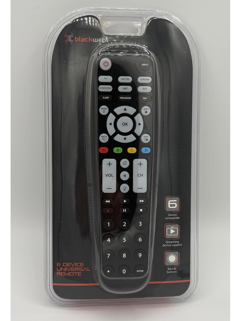 Blackweb 6-Device Universal Remote Backlit Buttons Streaming Device Support